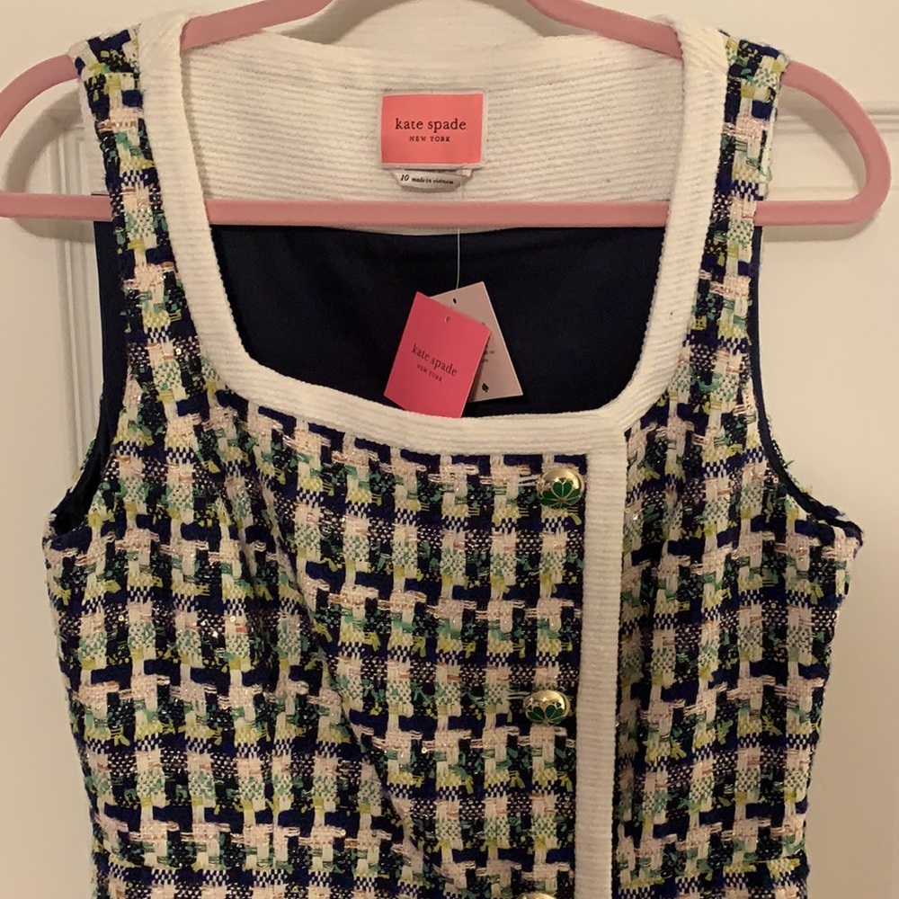 kate spade Black, White and Green Tweed Tweed Sheath Dress with Metal Buttons - Picture 2 of 2